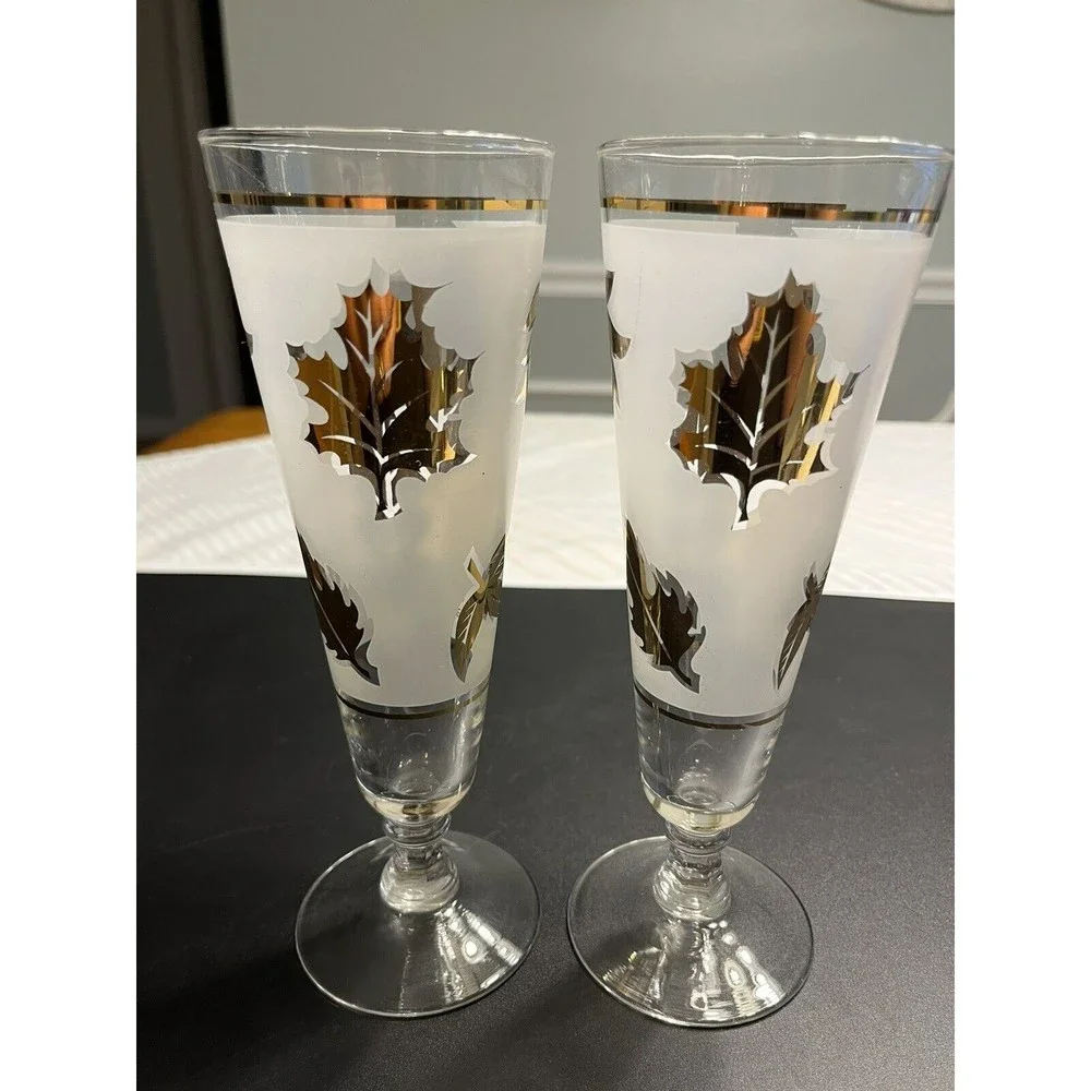 Pair of Vtg Frosted Gold Leaves Pilsner Stem Glasses Signed G Reeves